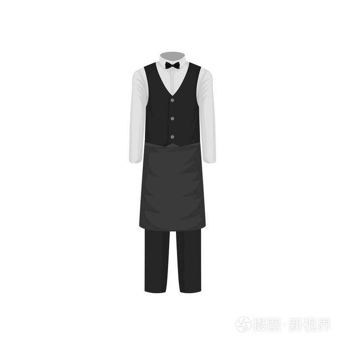 服务员的制服.带领结,背心,裤子和围裙的衬衫.餐馆工人的衣服.