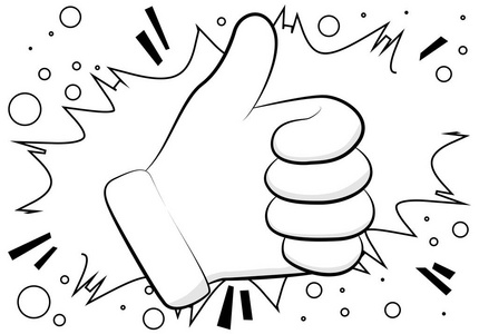 矢量卡通手竖起大拇指. 插图就像漫画书背景上的手签.照片