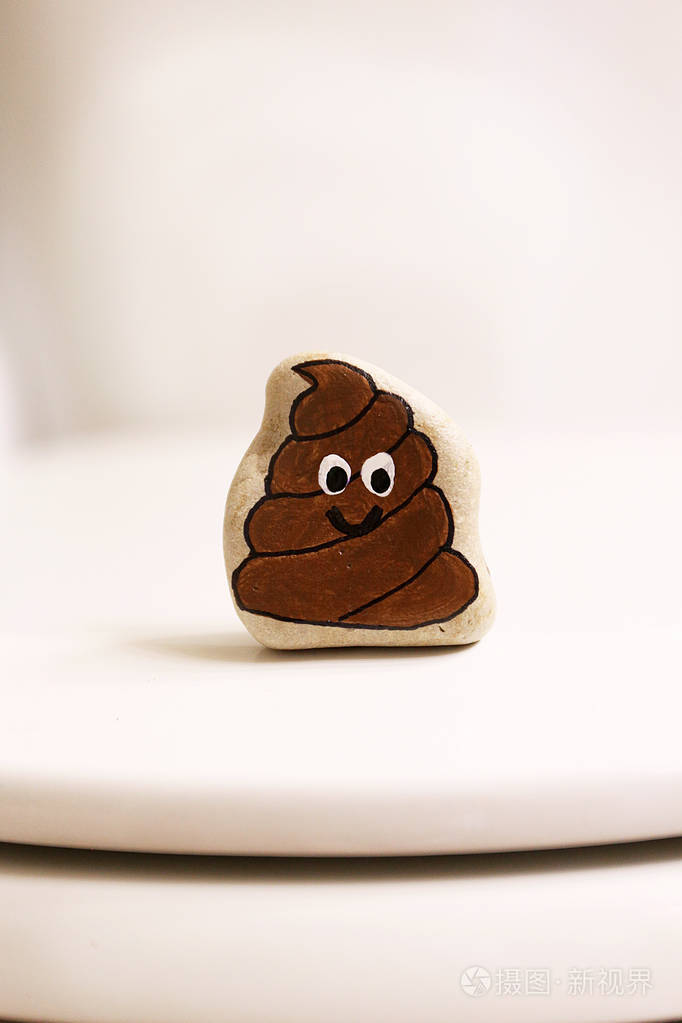 一块石头被画成一个有笑脸的便便坐在浴室里的一个封闭的厕所里