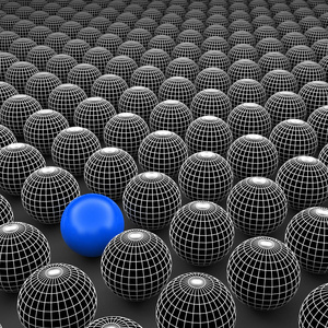 概念或概念的三维线架群，球或球具有特殊的不同，站在人群背景之外