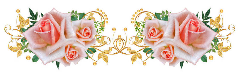 装饰装饰品，佩斯利元素，精致的纹理叶子，由精细的花边和珍珠制成。 宝石闪闪发光的卷发粉红色玫瑰。 开放式编织细腻。