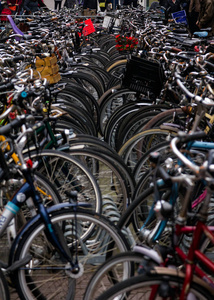 自行车停在阿姆斯特丹繁忙的街道上