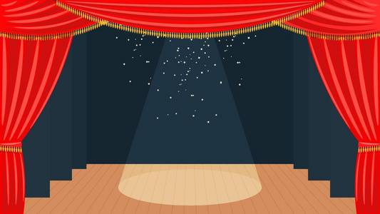 剧院舞台上有红色的窗帘,金色的条纹和聚光灯和木制的地板.戏剧艺术.