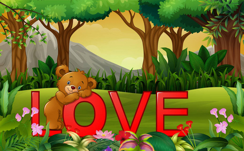 可爱有趣的熊在红色单词爱的自然