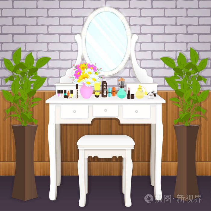 化妆台配镜配灯,女闺用于化妆,平描,矢量插图.
