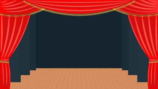 剧院幕布经典的剧院后台和观众厅幕布红色织物金色条纹矢量插图现代剧院有地板，黑色翅膀