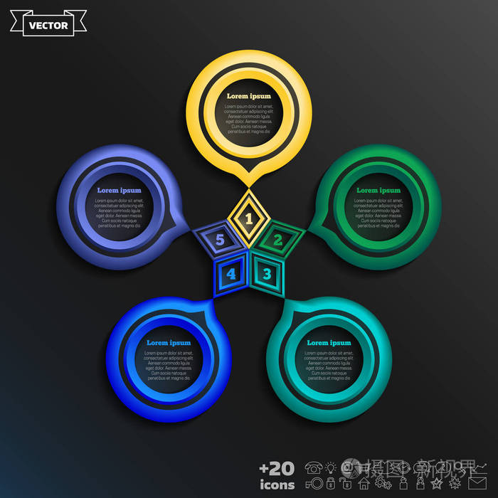 矢量信息设计与彩色圆圈在黑色背景.商业概念.五个选项,部分,步骤.