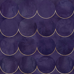 抽象水彩波浪金色闪光日本豪华无缝图案背景。 水彩手绘深紫色纹理与黄金等高线。 用于纺织壁纸包装的打印。