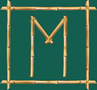矢量竹字母表。 大写字母m由现实的棕色干竹杆在木棍框架内，孤立在绿色背景上。 创建文字文本广告信息的ABC概念。