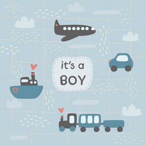 s a boy greeting postcard with car, train, ship and plane minima