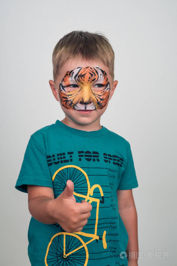 有一张虎脸的迷人的小男孩水化妆品面部彩绘