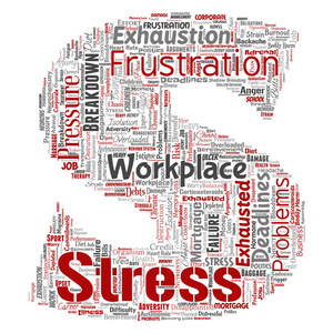 概念精神压力在工作场所或工作压力，人字字体，词云孤立在白色背景上。