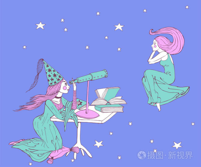 手绘观星占星家女孩和望远镜