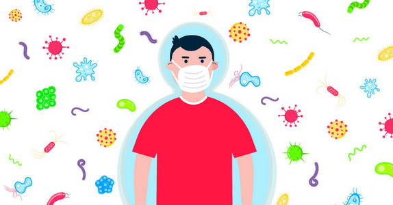 儿童男孩与保护面具与细菌和微bs背后，他的平面风格设计矢量插图隔离在白色背景。 流感和季节疾病保护概念。 健康一点
