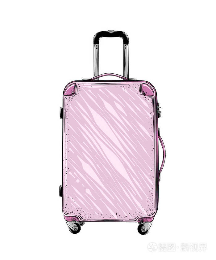 在白色背景上查出的粉红色手提箱手绘素描详细的复古风格绘图向量例证