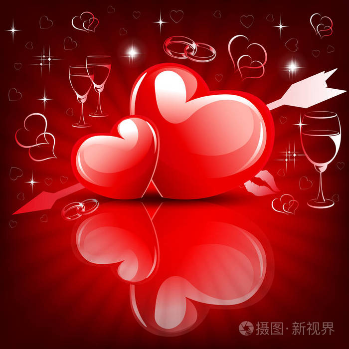 的心像一个闪光紫罗兰组成与两个优雅的红心和闪闪发光带有红色棺材