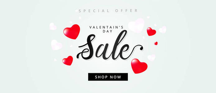 s Day sale banner with calligraphy text and red baloon hearts. V