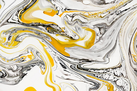 现代艺术品.黄色和黑色混合丙烯酸涂料.液体大理石纹理.