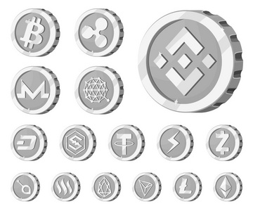 加密货币和硬币符号的矢量设计。一组用于Web的加密货币和密码股票符号。