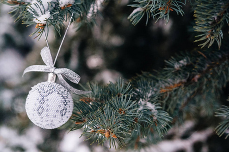 杉树树枝上的银白色圣诞球