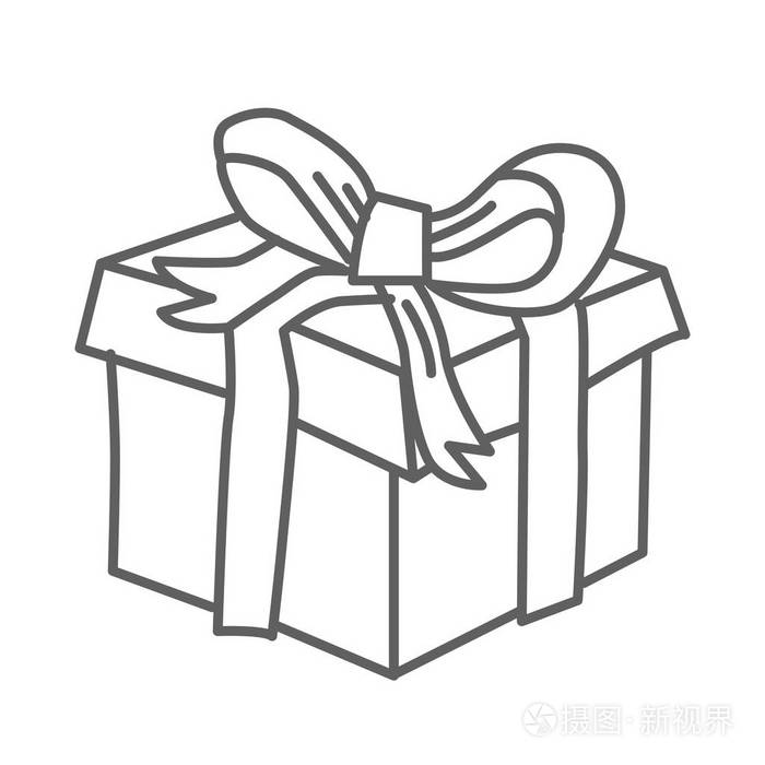 一个带有蝴蝶结矢量涂鸦图标的礼品盒,白色,手绘草图风格插画-正版
