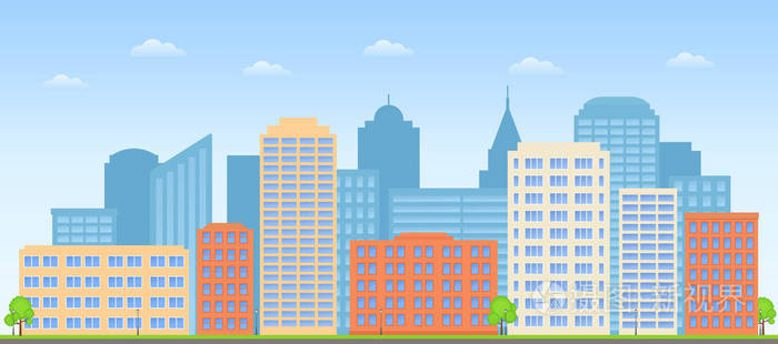 矢量. 建筑城市背景. 街道天际线. 城市景观. 摩天大楼平面设计.