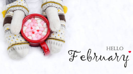 女人手拿着一杯热巧克力和棉花糖。 针织手套和热可可饮料。 你好，二月或情人节的概念。