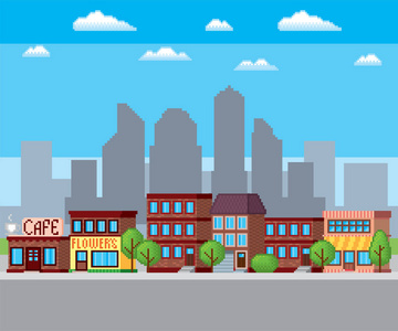 城市街道.像素艺术.旧学校的电脑图形.