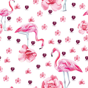 非常美丽的矢量热带鸟类粉红色火烈鸟和玫瑰玫瑰无缝白色背景。 平式壁纸