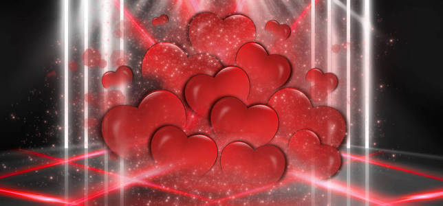 情人节销售背景红色与心。 情人节贺卡或封面的红色浪漫背景。 喜庆的红色背景，心闪烁着渐变的霓虹灯