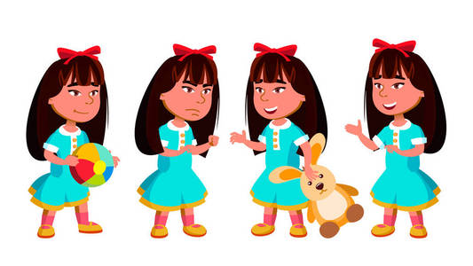 亚洲女孩幼儿园儿童波集向量。学龄前儿童微笑。玩具。适用于网络海报小册子设计。孤立的动画片例证