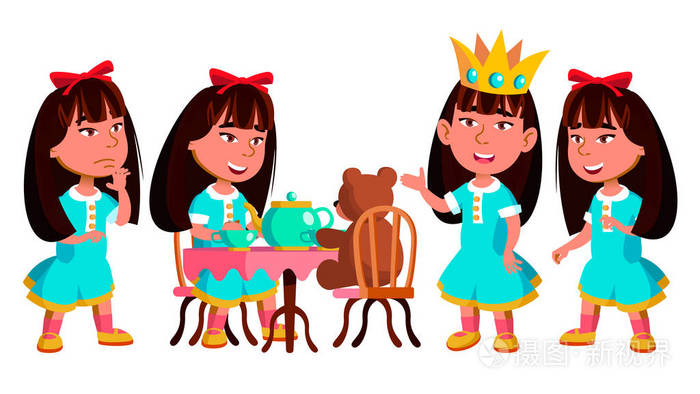 亚洲女孩幼儿园儿童波集向量.相当积极的宝贝休闲.