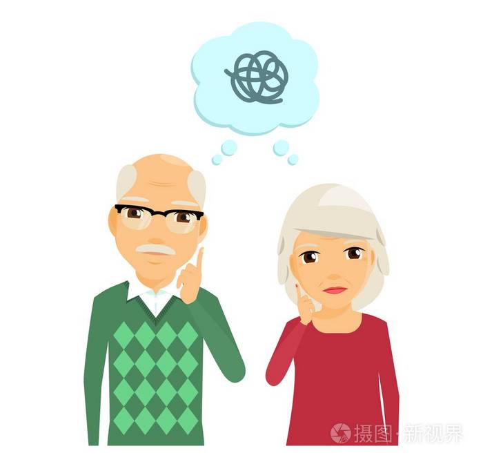 老人男女思考了问题的解决办法. 言语泡沫. 白色背景上的扁平风格.