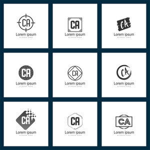 一套字母标志。 初始CA标志模板矢量插图