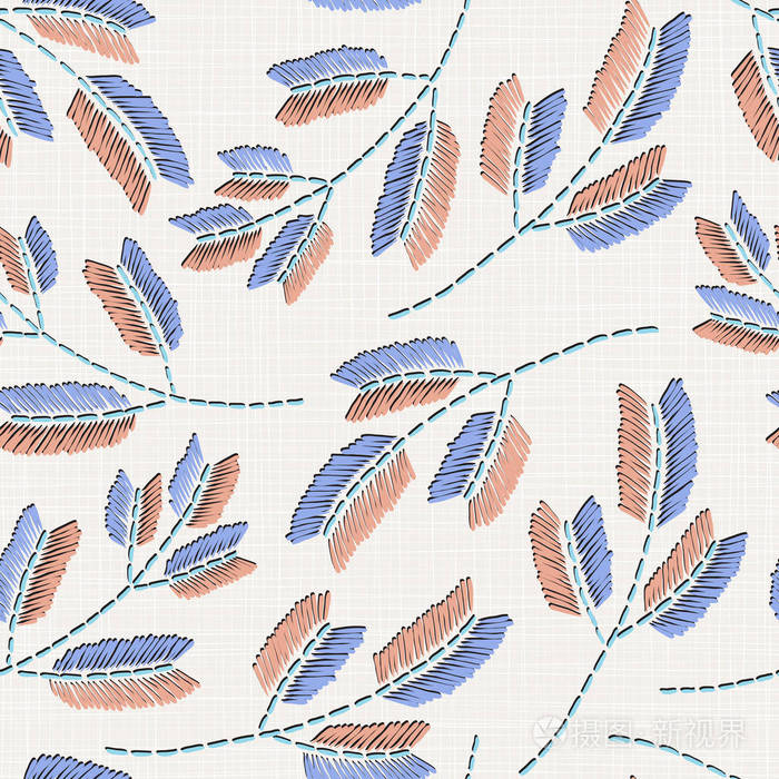 刺绣花卉无缝图案上的亚麻布纹理纺织家居装饰时尚面料. 仿造缝针