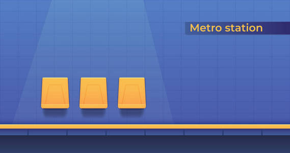 地铁地下车站设有一个站台，供旅客下车和座位等候列车。地铁站台。矢量卡通插图。