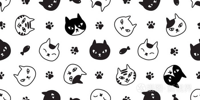 猫无缝图案矢量小猫爪鱼印花布节卡通围巾隔离瓷砖背景重复壁纸插图