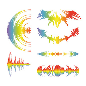 彩虹音乐波标志收藏。 一组向量彩色均衡器元素。 脉冲音频播放器白色。