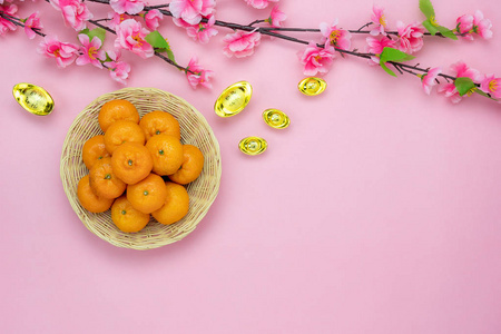  Chinese New Year vacation concept background.Flat lay blossom 