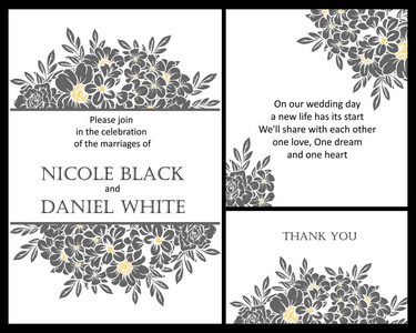 老式风格的花婚礼卡设置在黑白。 花卉元素和框架。
