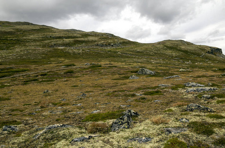 挪威南部内陆的山脉在阴天。