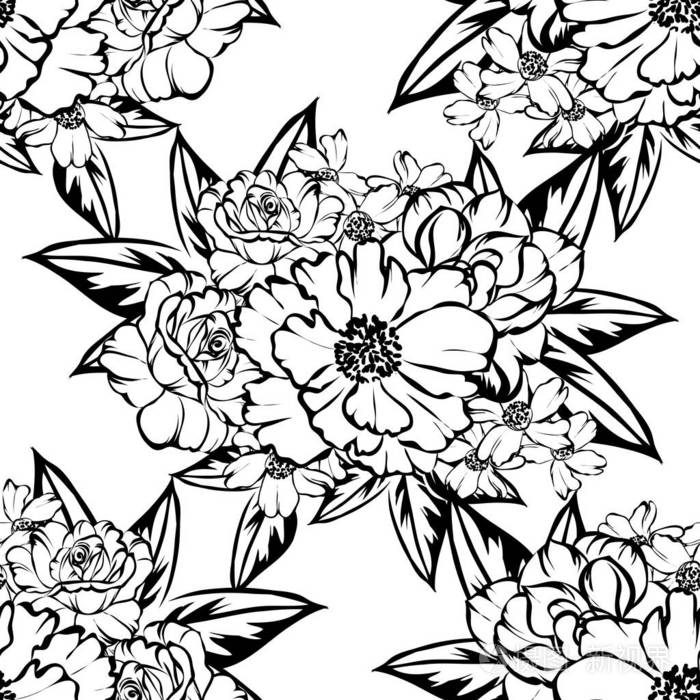 无缝复古风格的花型黑白花元素