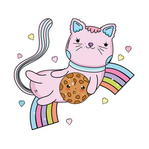 可爱的猫与饼干彩虹矢量插图设计照片