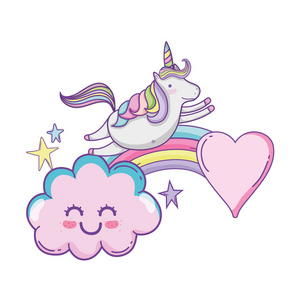 可爱的独角兽在云上飞翔，彩虹卡通矢量插图平面设计