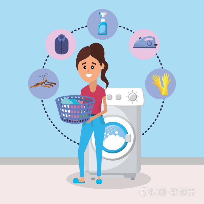 带家电的女洗衣房卡通矢量插图平面设计