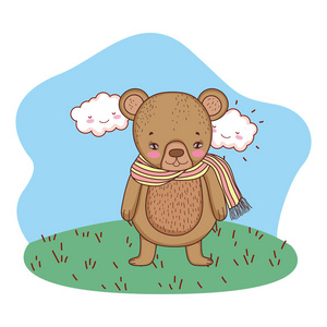 可爱的小熊带着围巾在营地矢量插图设计