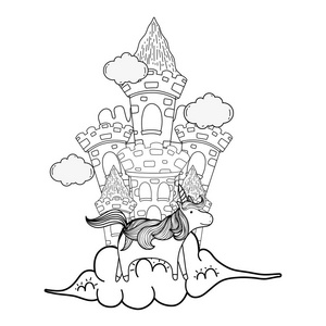 童话城堡与独角兽在云矢量插图设计