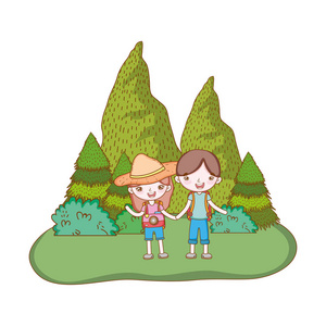 旅行者生态旅游夫妇与山灌木矢量插图平面设计