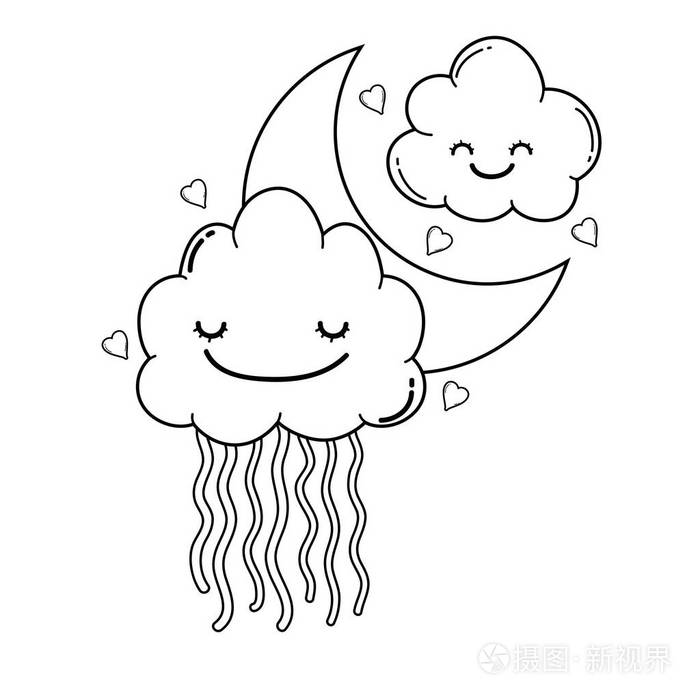 云朵与月亮笑着用五彩彩虹可爱的卡通矢量插图图形设计