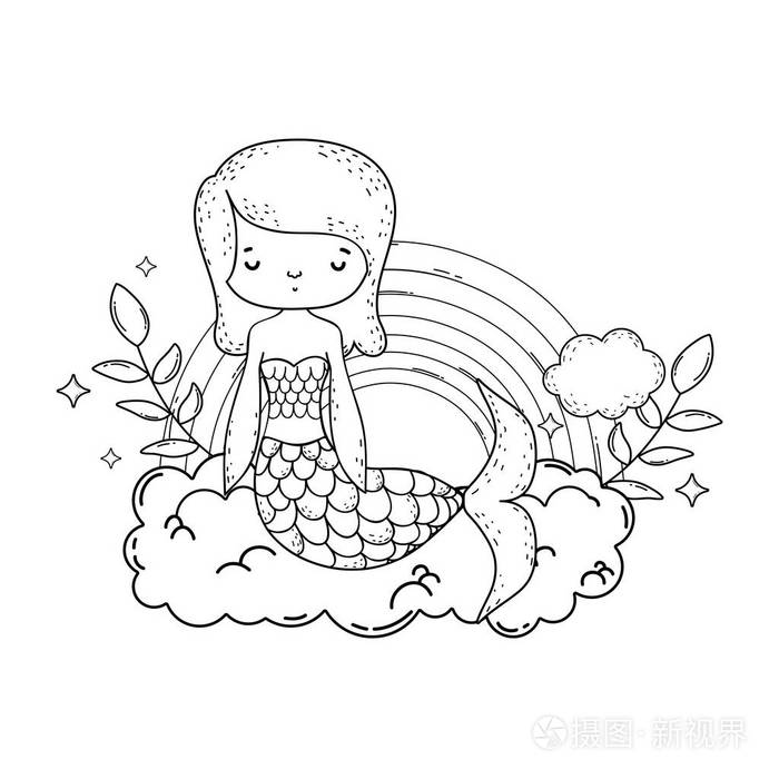 可爱的美人鱼与云和彩虹矢量插图设计插画-正版商用图片179092-摄图新
